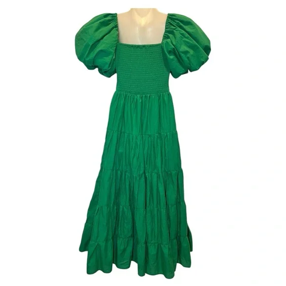PETAL & PUP new Morgan Annette Green Shirred A-Line Puff Sleeve Tier Dress NWOT - Picture 8 of 15